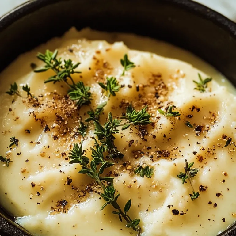 A bowl of cauliflower mash with herbs on top.