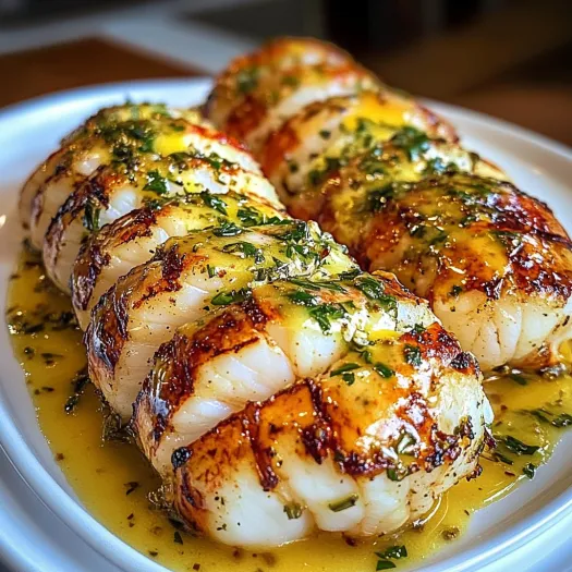 A plate of lobster tails with garlic herb butter.