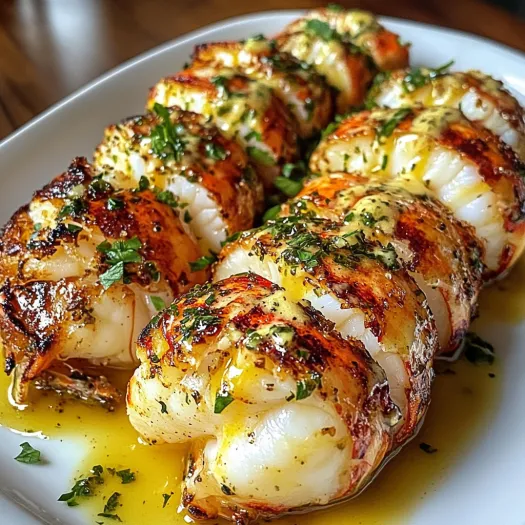 A plate of lobster tails with garlic herb butter.