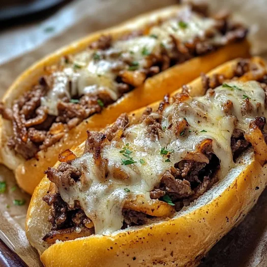 Două cheesesteak cu brânză topită și ceapă.