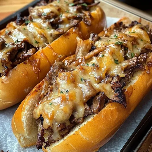 Două sandvișuri cheesesteak pe o tavă.