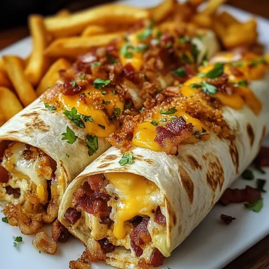 Un wrap cu bacon și cașcaval, servit cu cartofi prăjiți.