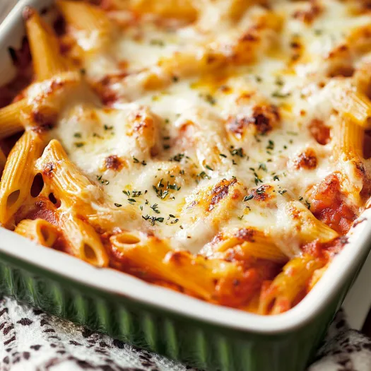 O tavă cu penne de pui la cuptor.
