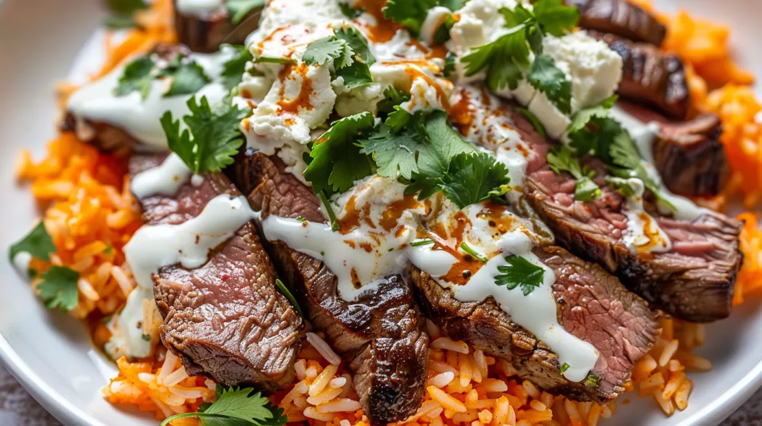 Farfurie cu steak și orez acoperite de queso.