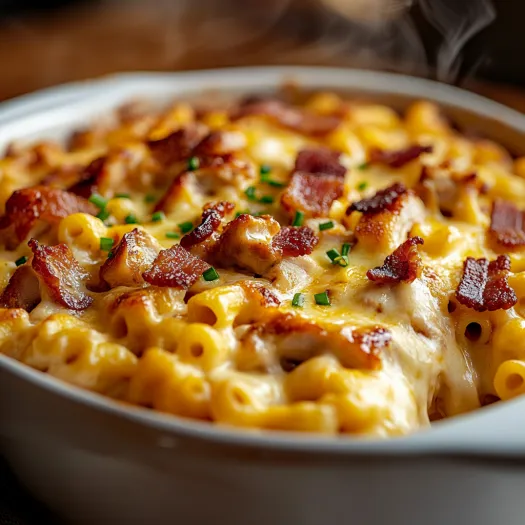 Un bol cu macaroni cu brânză și pui BBQ.