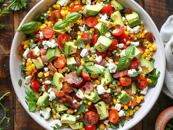 Un bol cu salata din rosii, porumb si avocado.