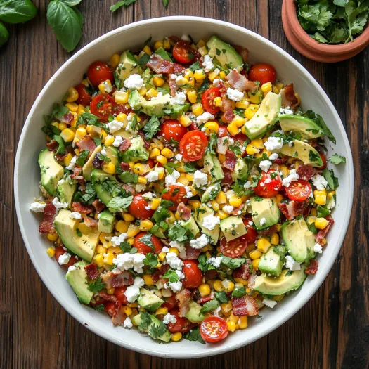 Un castron cu salată cu porumb, roșii și avocado.