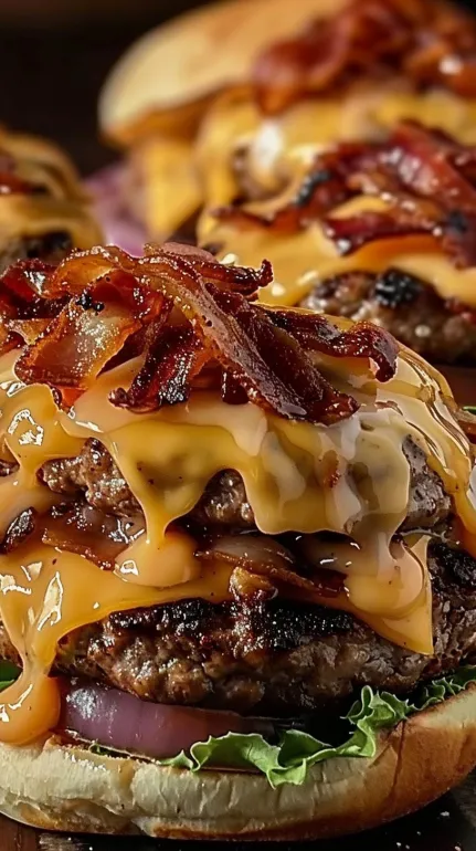 Gros-plan pe un burger cu bacon deasupra.