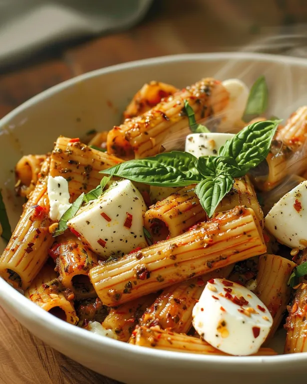 Un bol cu rigatoni pesto ardei roșu.