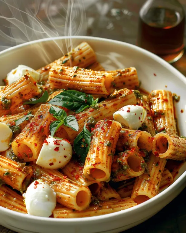 Un bol cu rigatoni cu pesto chilli roșu.