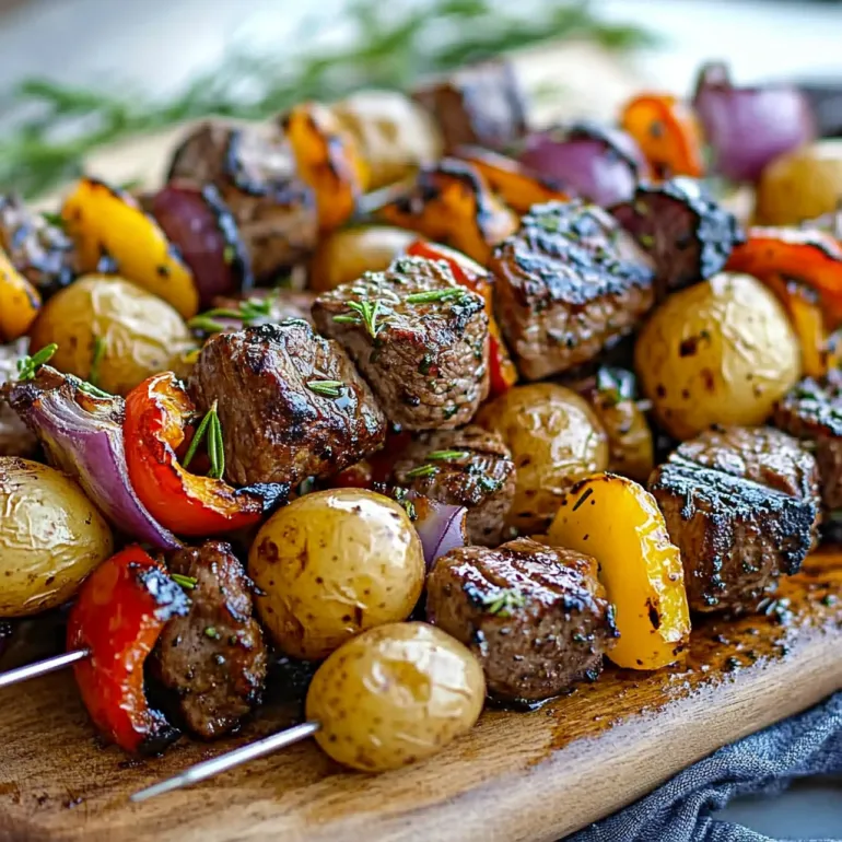 Plată din lemn cu o frigăruie de carne și legume.