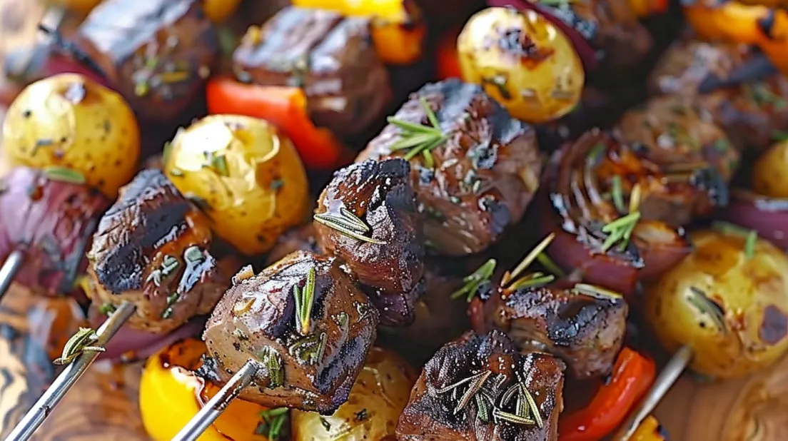 O farfurie cu carne alături de rozmarin și usturoi.