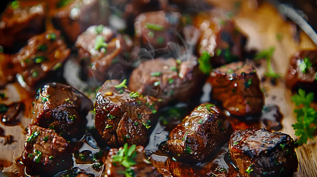 Bucăți de vită marinate pe farfurie.