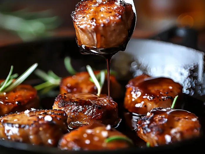 Bucatele de porc cu glazură balsamică în tigaie.