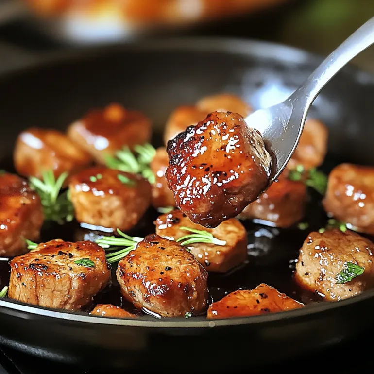 Se vede o furculiță care ia o bucată de carne din tigaie.