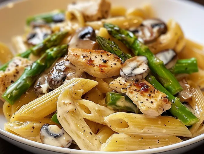 Un bol cu penne cremoase, pui, ciuperci și asparagus.