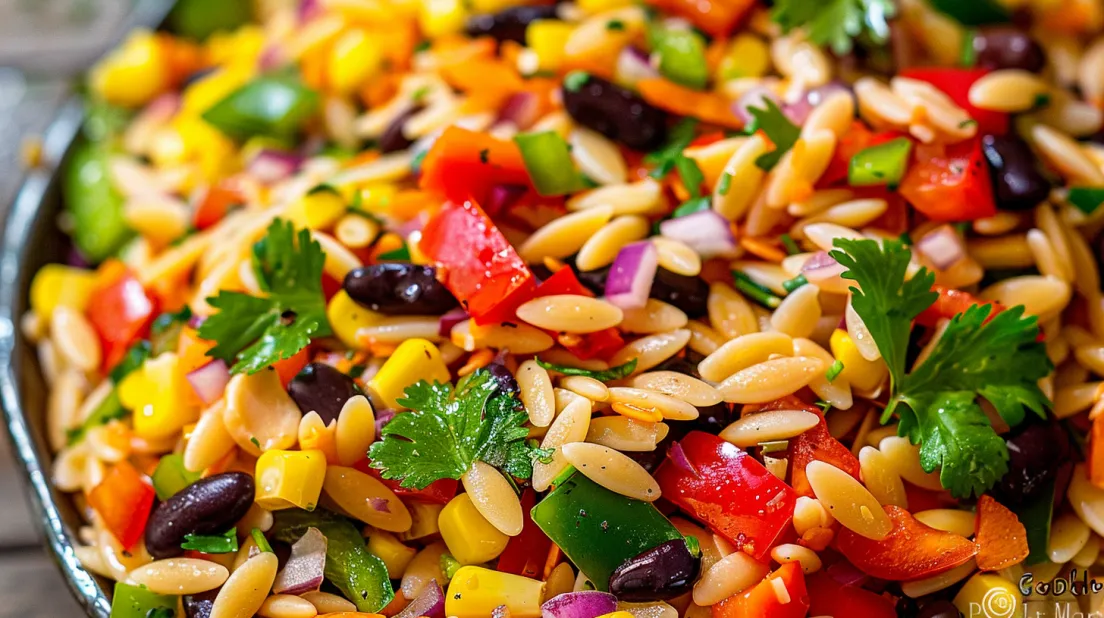 Aproape de un bol cu Cowboy Orzo Salad.