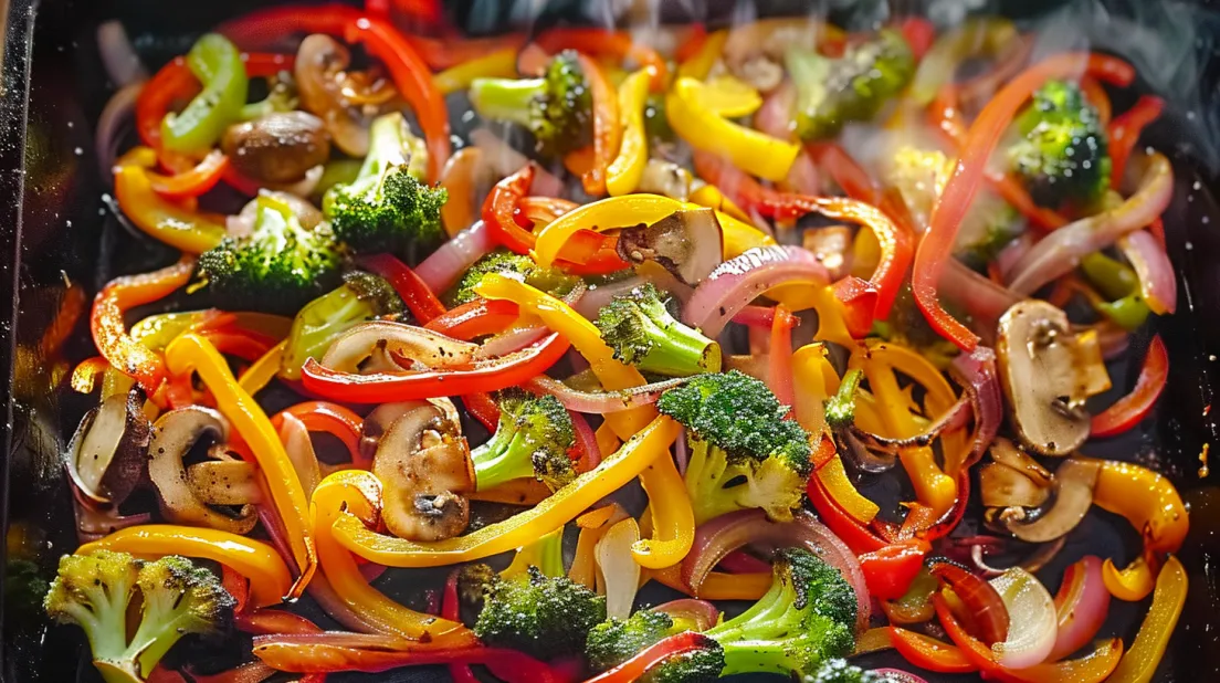 Prim plan cu o salată plină de culoare cu broccoli, ardei și ciuperci.