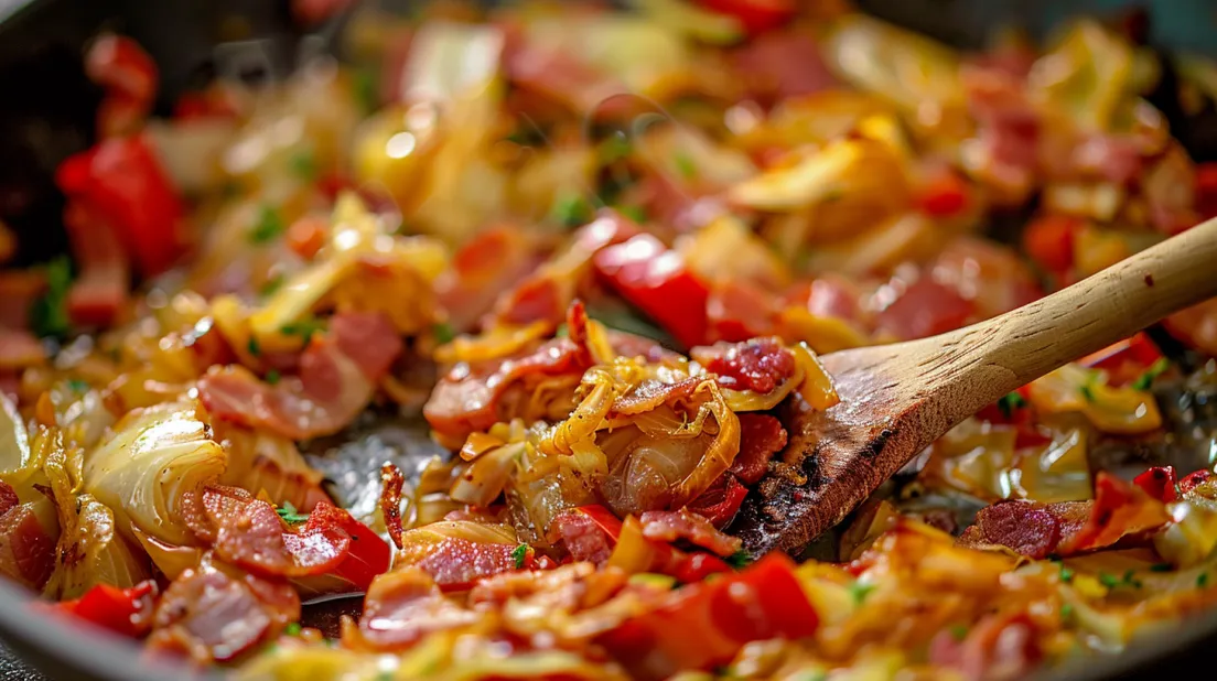 O farfurie cu spaghete, carne si legume vazuta de aproape.