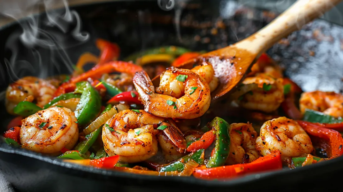 O tigaie plină cu fajitas de creveți, ardei și ceapă.
