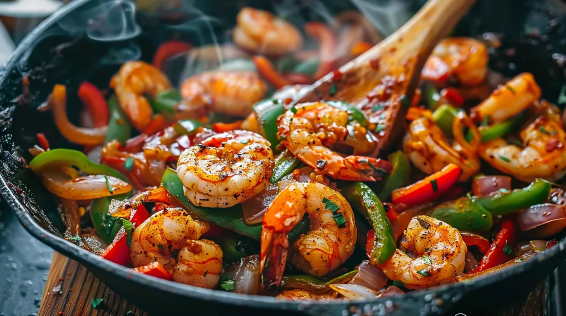 O fajita cu creveți, ceapă și ardei multicolor, super apetisantă.