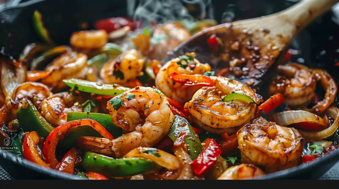 Fajita cu creveți privită de aproape, arată apetisant.