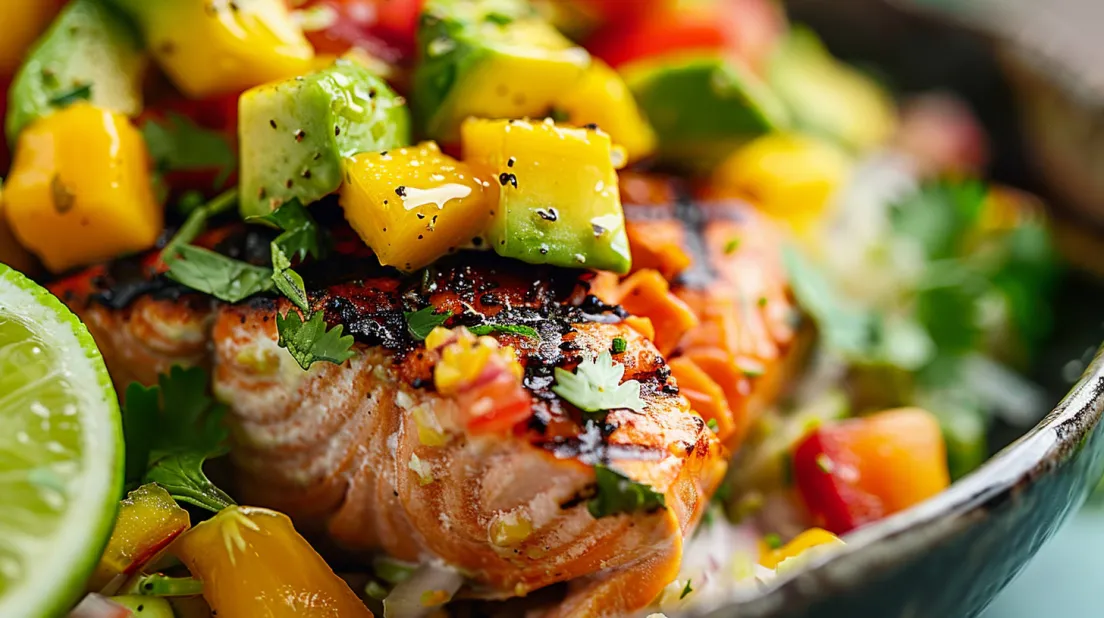 Prim-plan cu o bucată de somon cu salsa de mango.