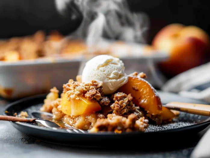 Zoom la un crumble de piersici și mere cu înghețată deasupra.