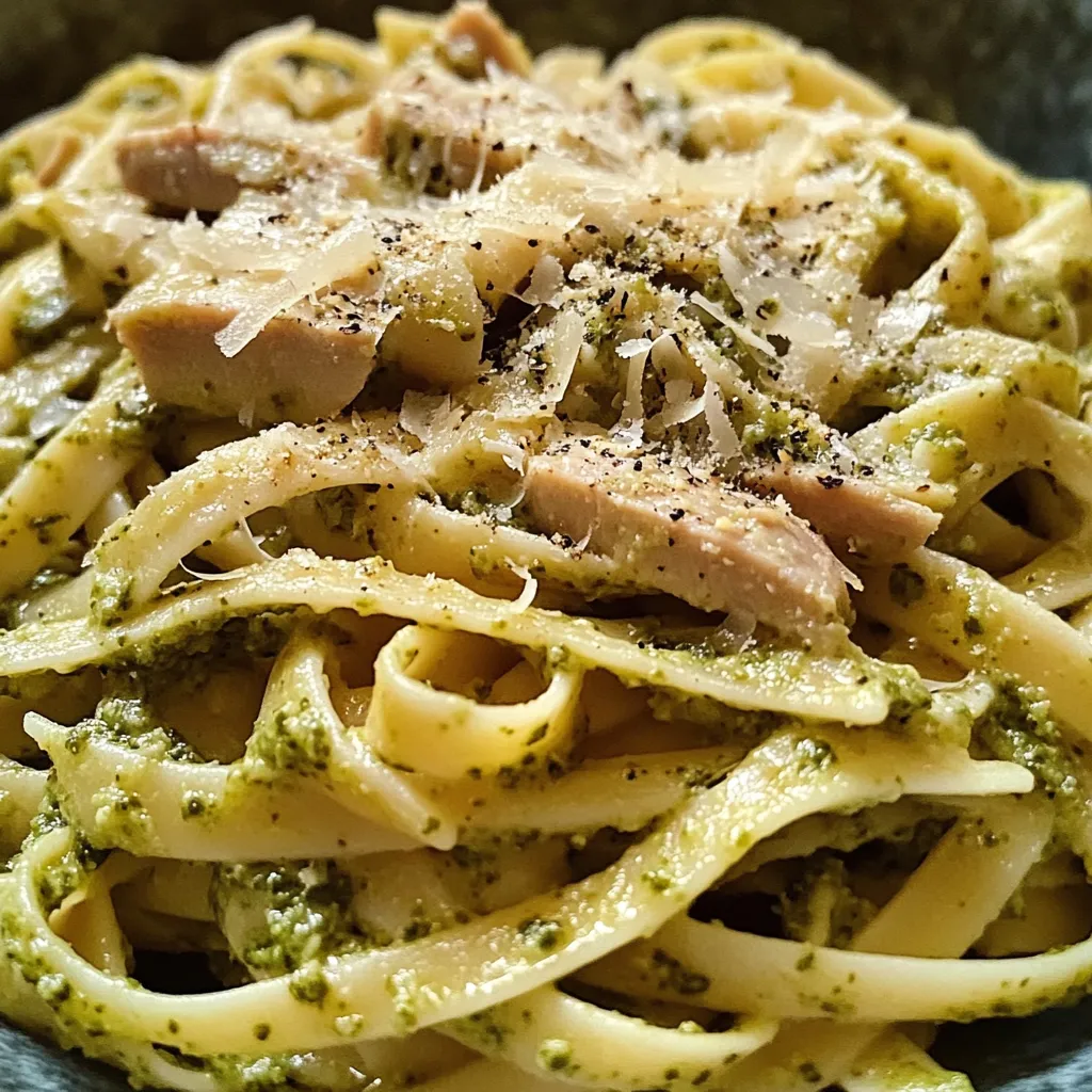 Un bol de paste cu ton cremos și pesto.