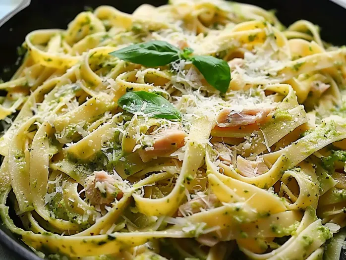 Farfurie cu paste și sos de ton pesto foarte cremos.