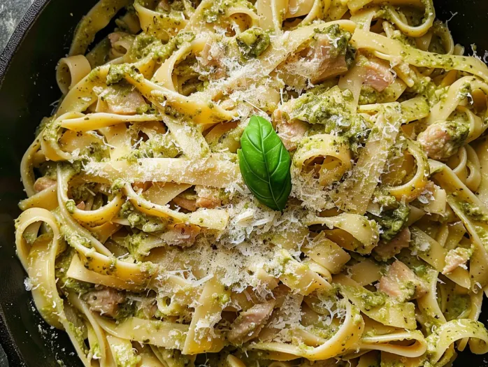 Un bol de paste cu ton cremos și pesto.