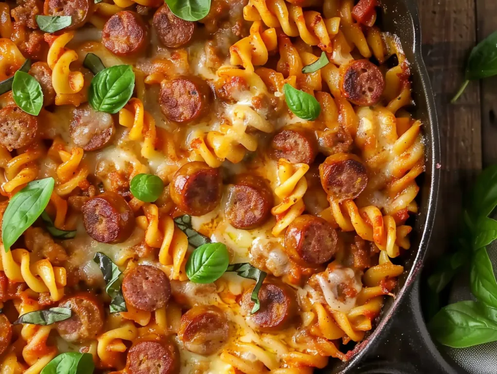 O portie delicioasa de paste cu carnat si branza pregatite la oala.
