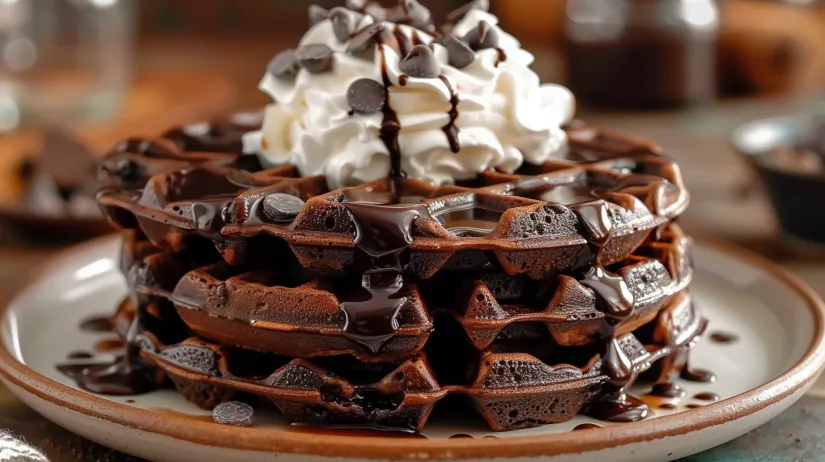 O farfurie cu waffles de ciocolată și frișcă.