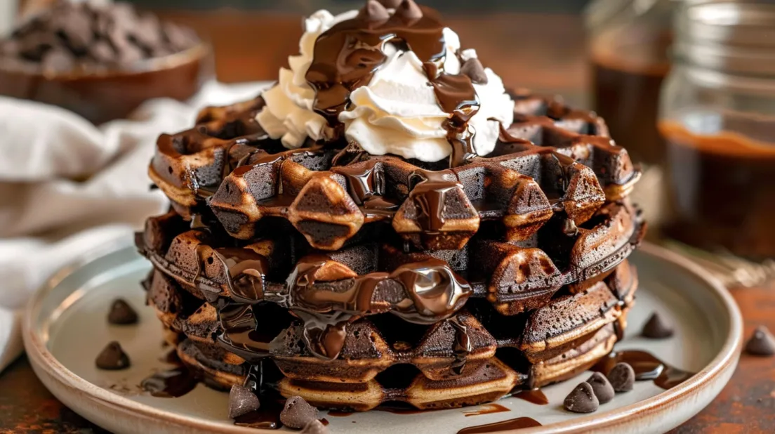 O farfurie cu waffles de ciocolată și frișcă deasupra.