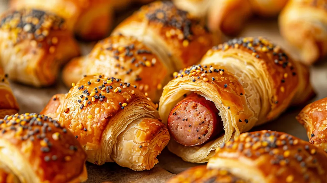 Gros-plan cu un hot dog în foietaj.