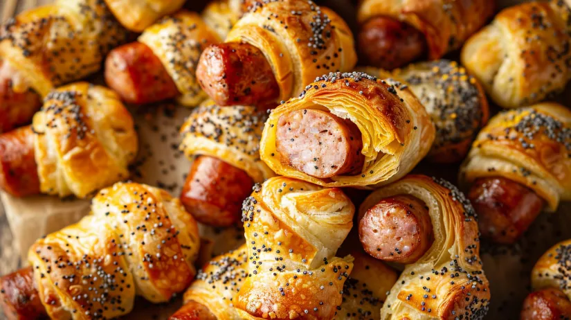 Mini cîrnați in foietaj pe masa.