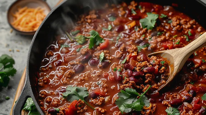 Un chili de curcan dens și sățios.