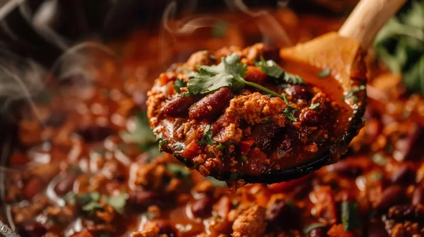 O lingură cu chili de curcan gros și sățios.