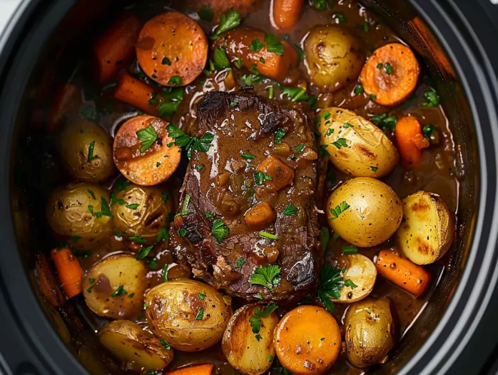 O friptură de vită cu morcovi și cartofi în slow cooker.