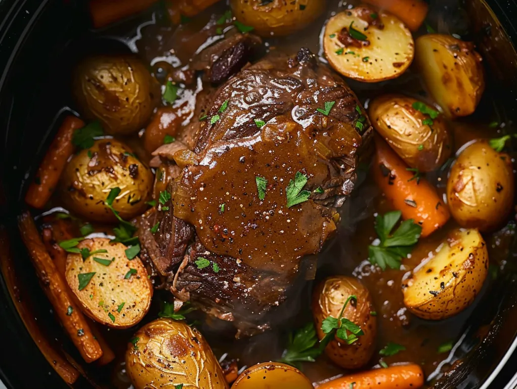 Friptura gătită încet cu sos într-un crockpot.