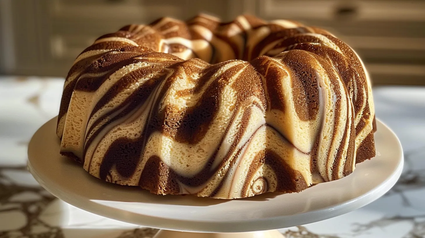 O prăjitură Bundt cu spirală de scorțișoară pe o farfurie.