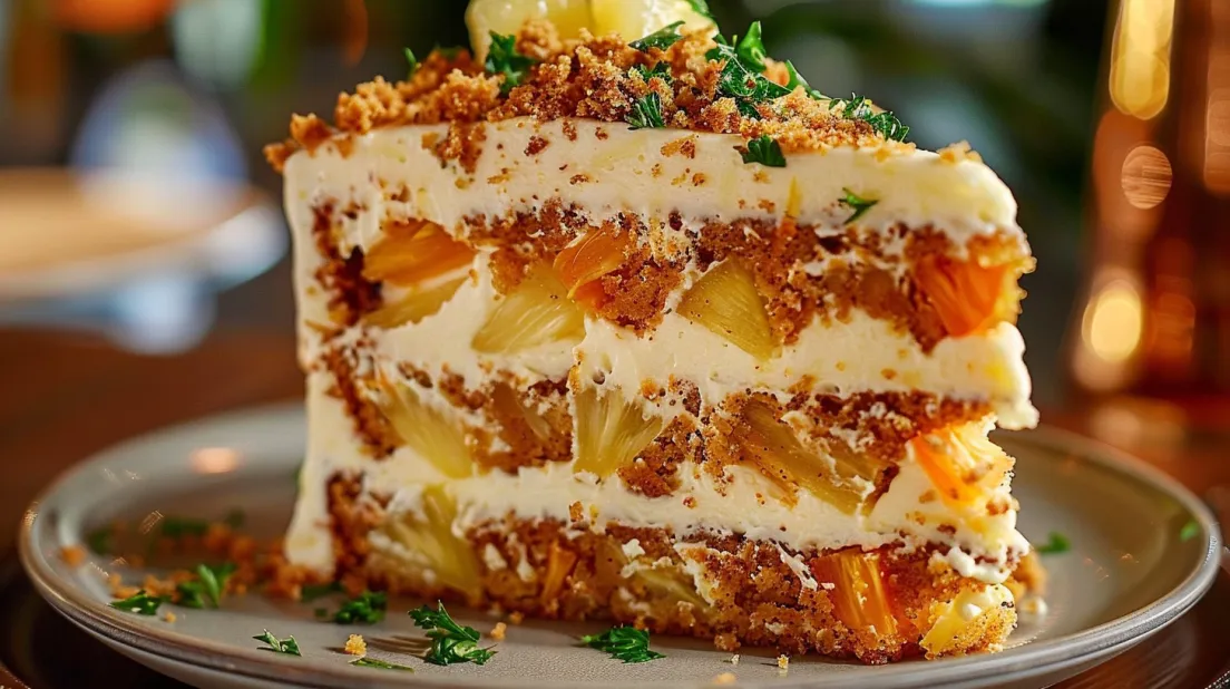 O felie de prăjitură cu morcov și ananas Hawaii.