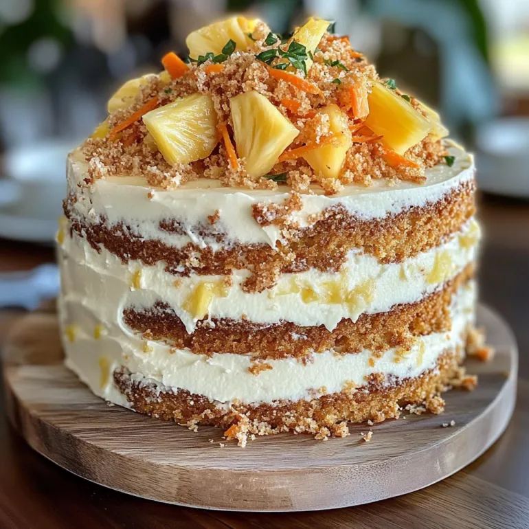 Tort în trei straturi cu morcovi și ananas deasupra.