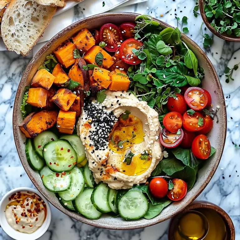 Un bol mediteranean cu diverse legume și hummus.
