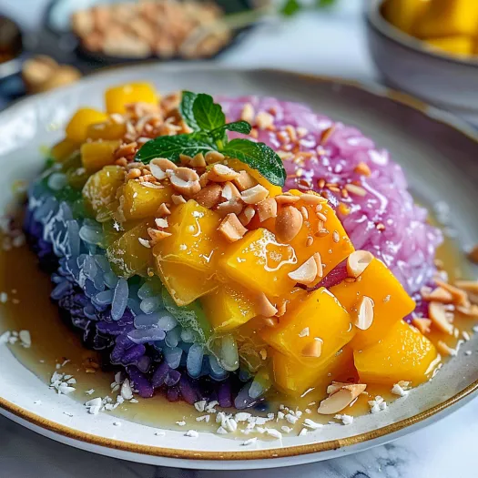 O farfurie cu Orez Lipicios Thailandez cu Mango.