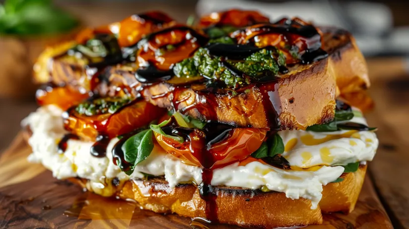 Sandwich Burrata Caprese cu Rosii Cherry Confit.