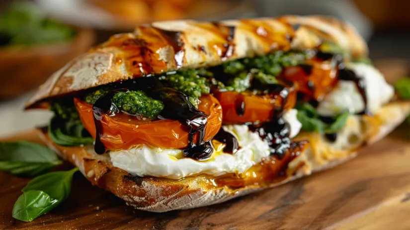 Un sandviș Burrata Caprese cu roșii cherry confit.