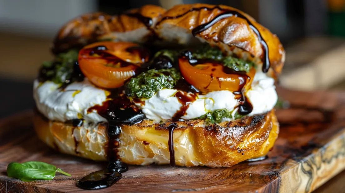 Imagine de aproape cu un sandviș Burrata Caprese cu roșii cherry confit.