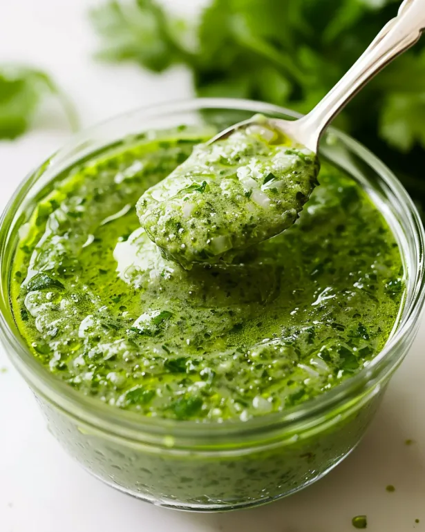 Lingura stă într-un bol cu Aji Verde.