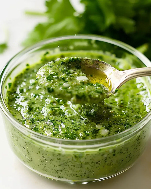 O lingură într-un bol cu Aji Verde.